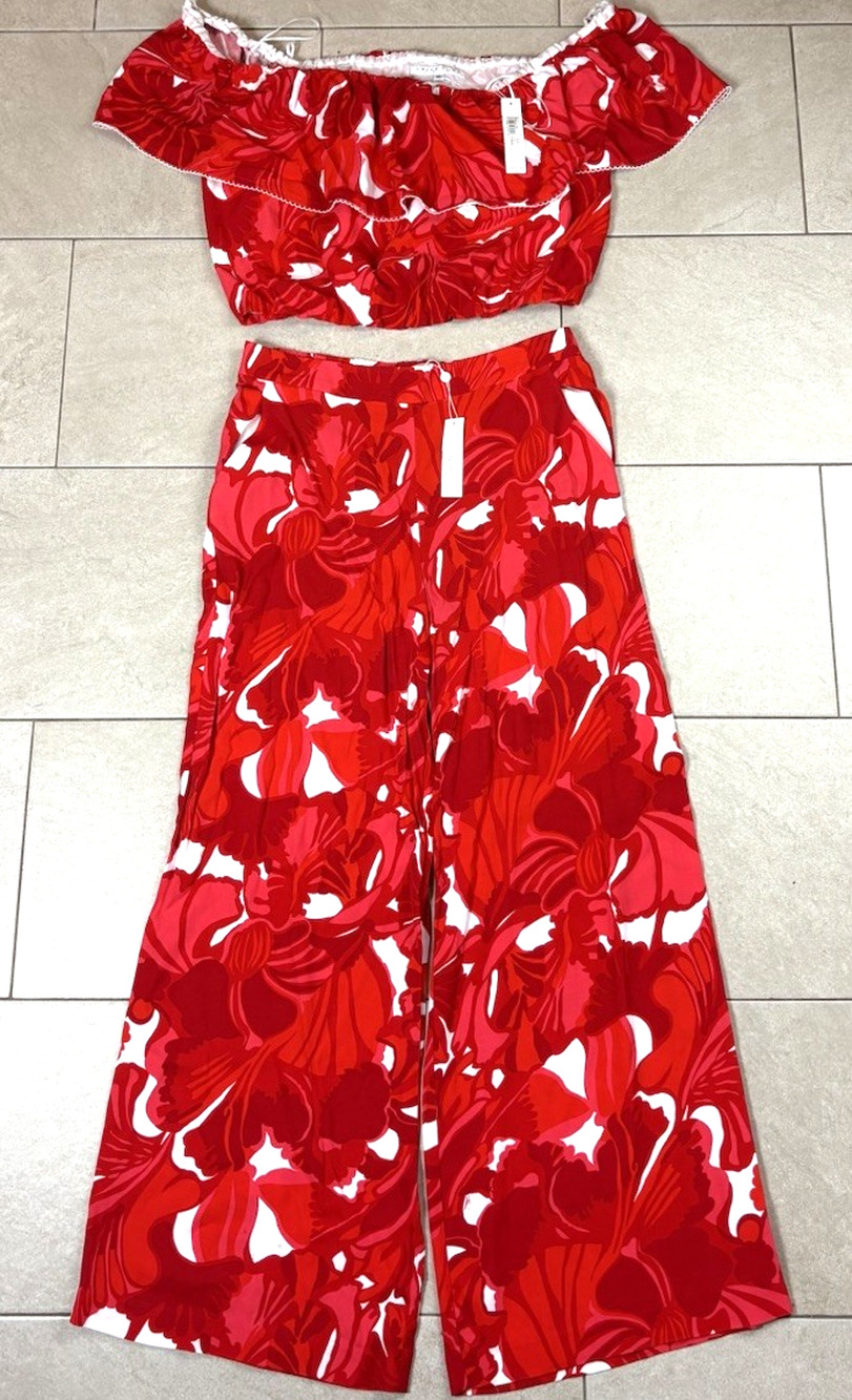 Trina Turk Terrace 2-Piece Set Red Floral Off Shoulder Top Wide Leg Pants NWT
